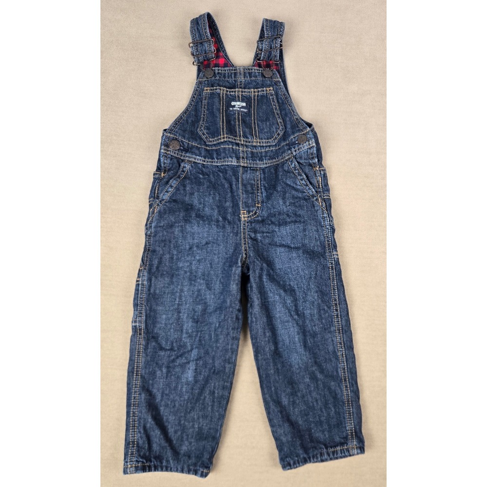 OshKosh B'gosh Toddler 3T Red Buffalo Plaid Flannel Lined Denim Overalls Dark